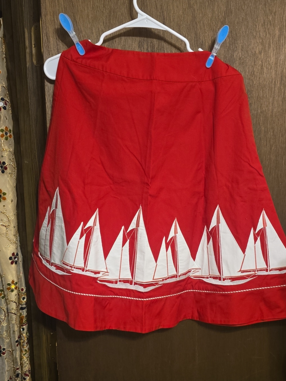 Red A-Line Skirt with White Sailboat Border